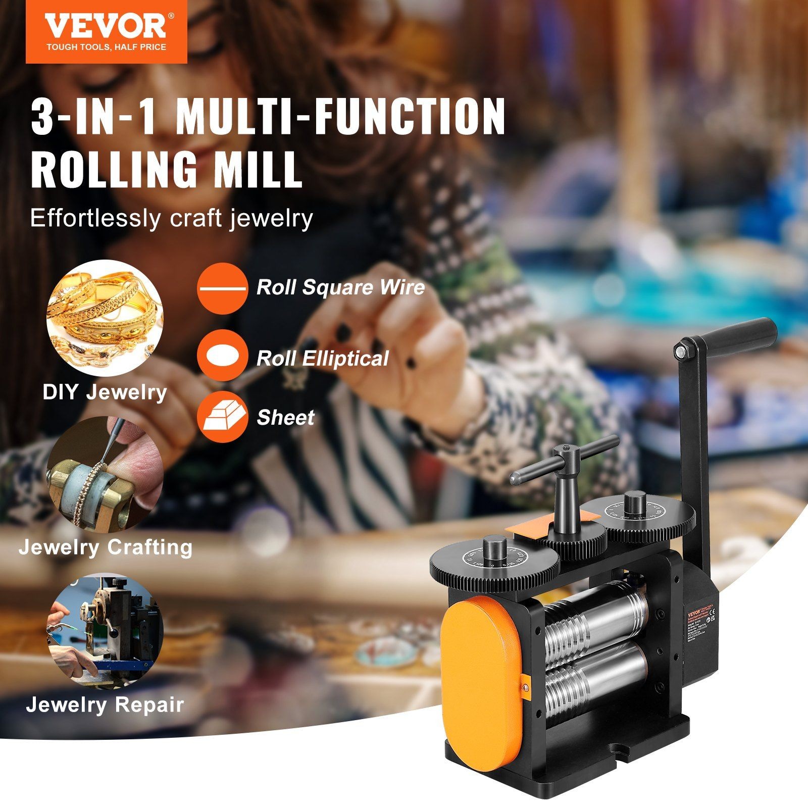 57mm 3-in-1 Jewelry Rolling Mill 0-5.5mm Press & 1:2 Gear Ratio