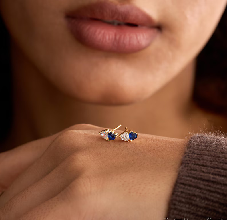 1TCW Pear Cut Lab Created Sapphire & Diamond Stud Earring 14k Yellow Gold Plated