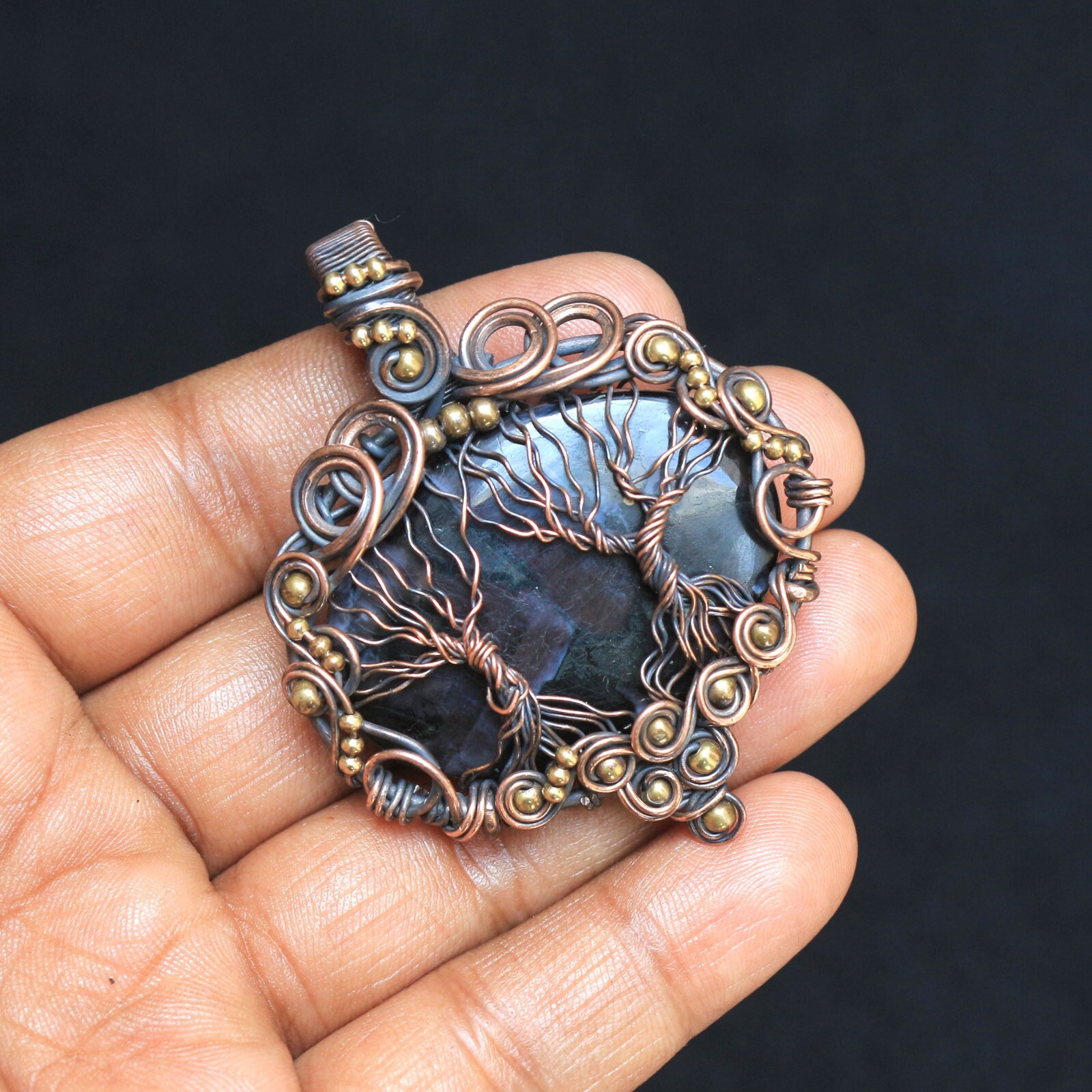 Copper Tree Pendant Indigo Gabbro Jasper Wire Wrap Gemstone Jewelry Gift N404