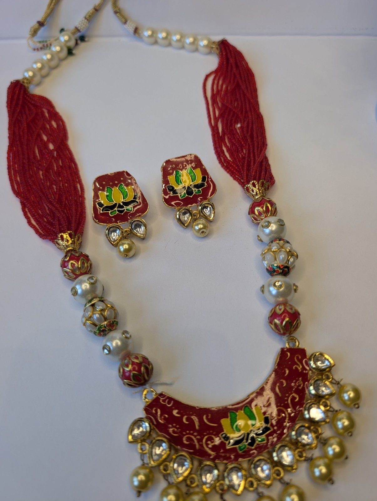 Handmade Lotus Thread Necklace Set Red Meenakari Pearl Indian Ethnic Jewelry