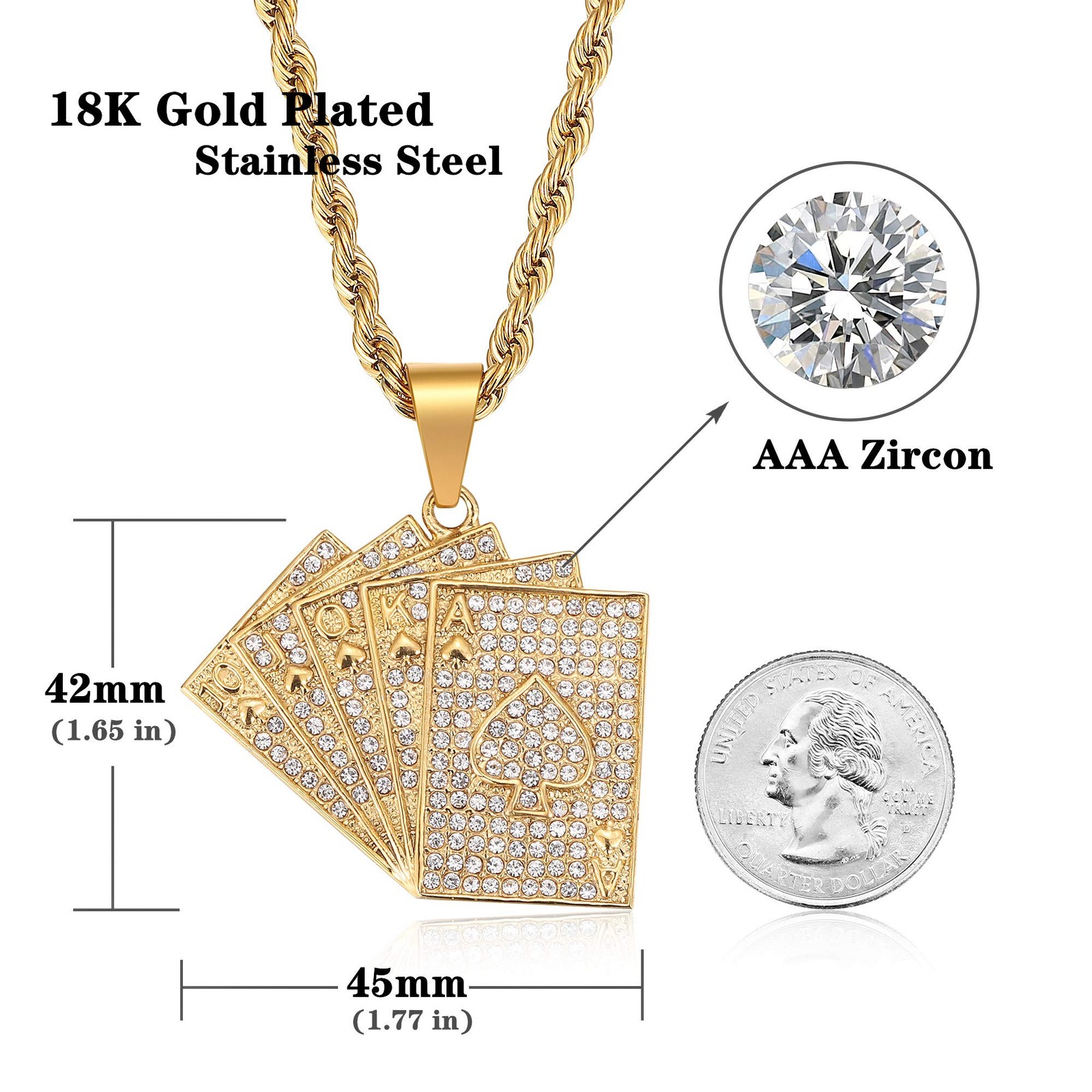 ROWIN&CO Hip Hop Poker Card Necklace Men Women Cubic Zirconia Gold Faux Diamo…