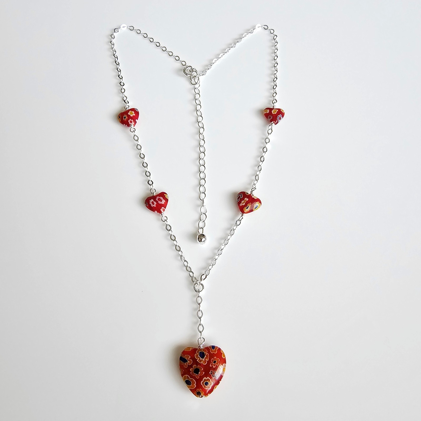 Adjustable 9″ 925 Silver Chain Hearts Millefiori Thailand Glass Beads Necklace