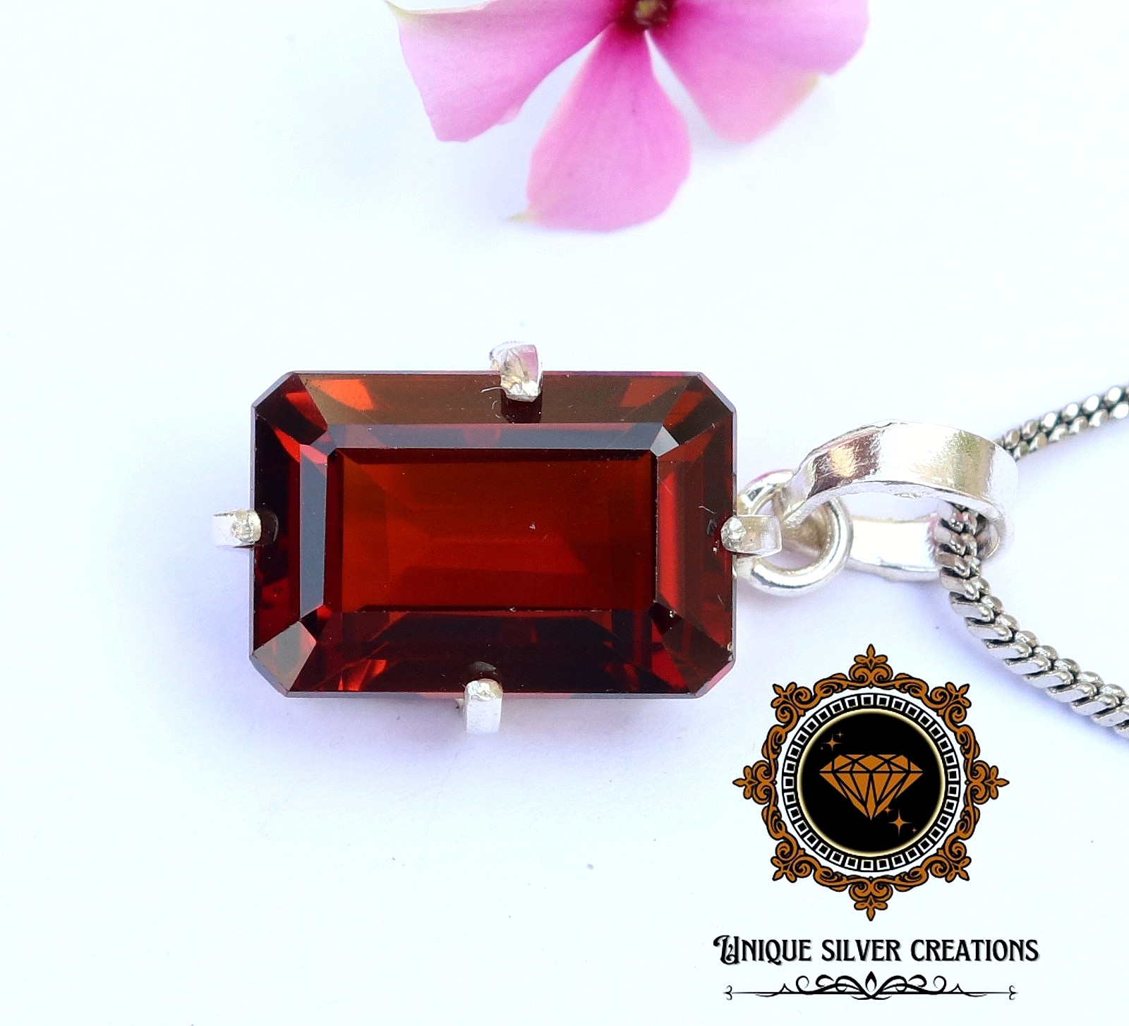 Natural Hessonite Garnet 925 Silver Pendant Certified Emerald Cut Loose Gemstone