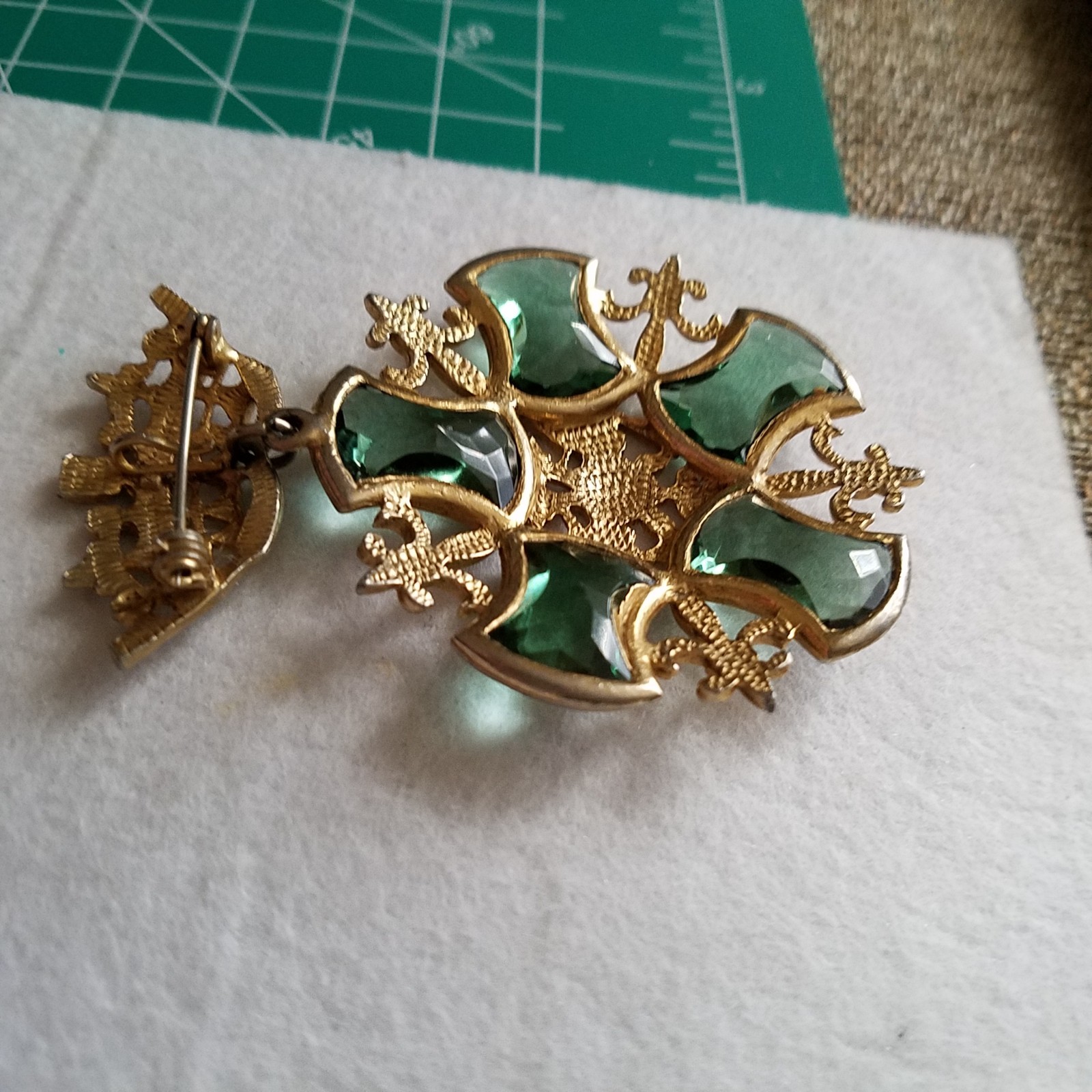 Vintage Crown Doubled-Headed Eagle Shield Green Rhinestone Fleur de Lis Brooch