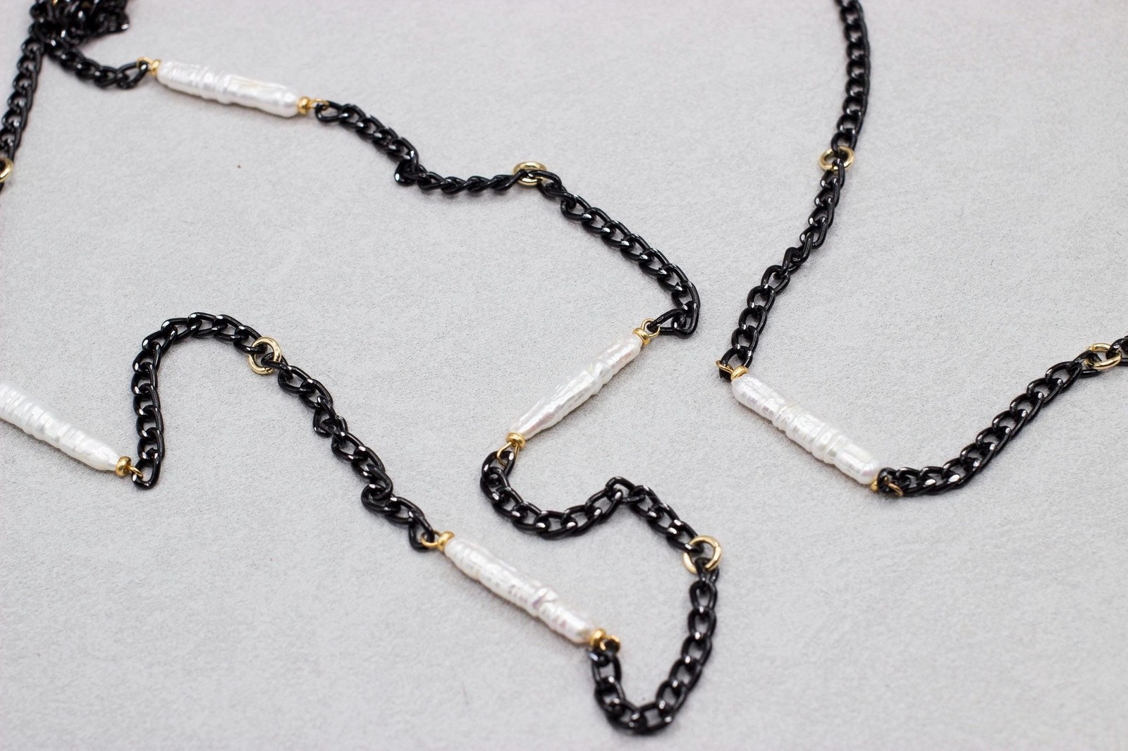 50 Inch White Biwa Pearl Black Chain Necklace Gold Plated Long Layering Jewelry
