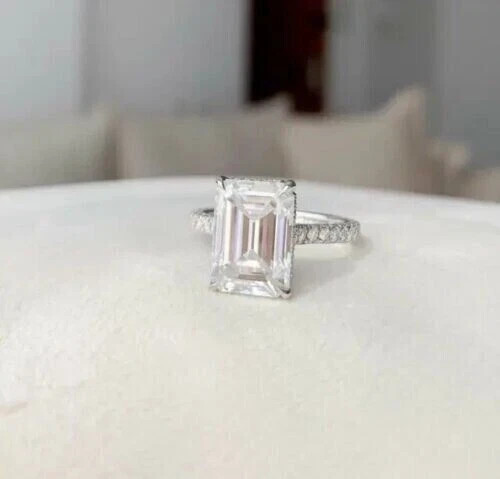 3Ct Emerald Cut Lab Created Diamond Engagement Ring 14K White Gold Plated Silver