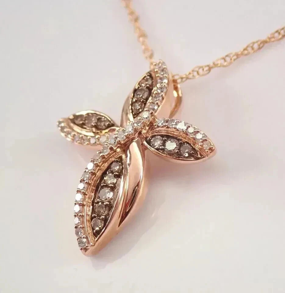1Ct Round Cut Simulated Diamond Cross Pendant 14K Rose Gold Plated Free Chain