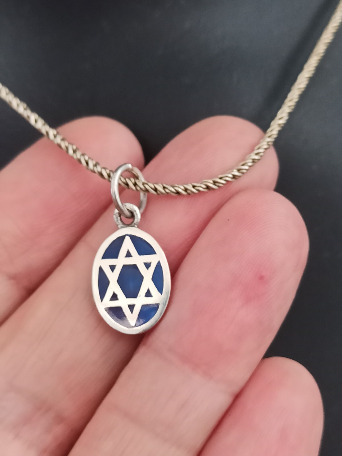 Star of David Necklace Silver Dark Blue Enamel Thick Chain Retro Classic Gift