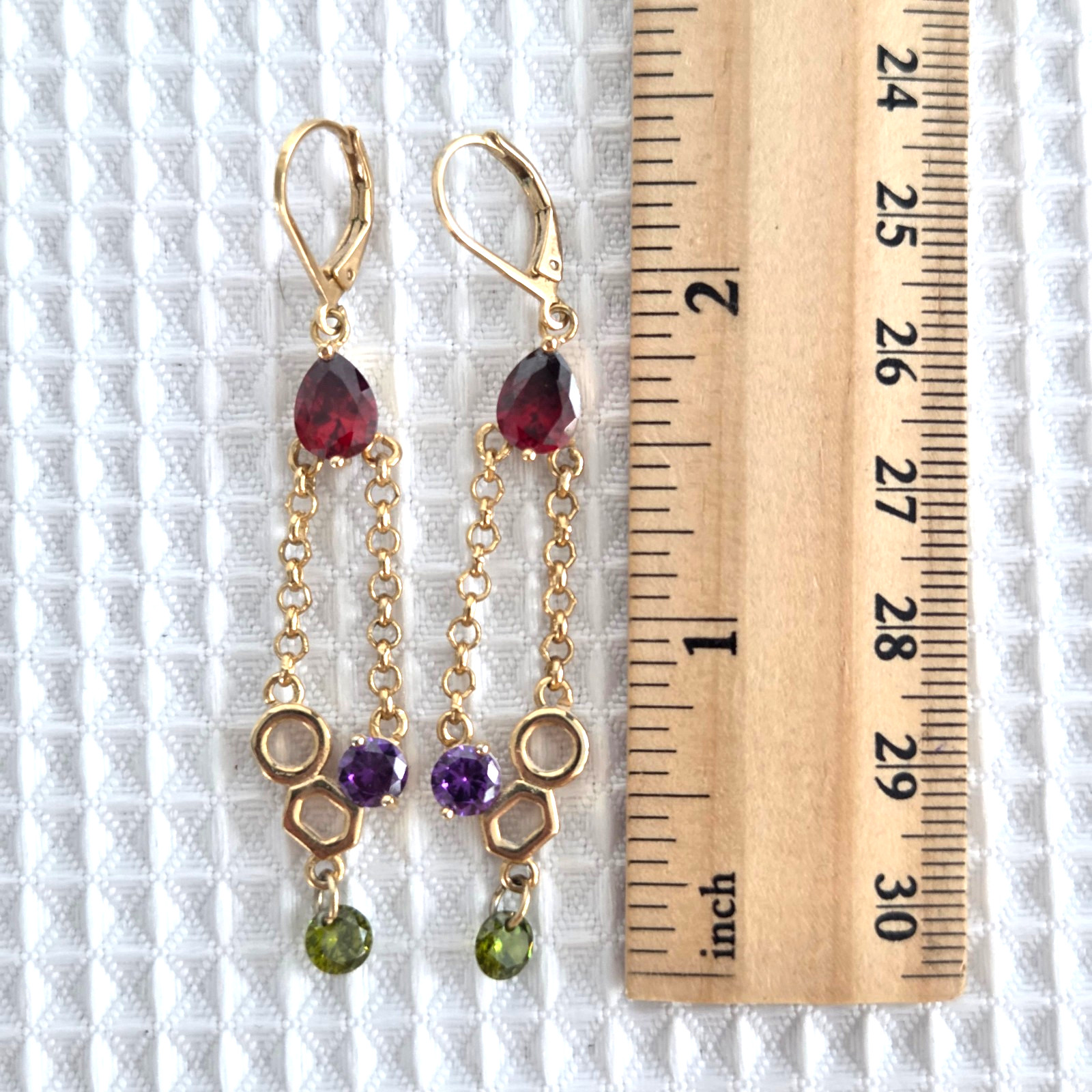 Golden Dangle Earrings Faux Gemstone Chain Green Purple Red Teardrop 2.5″