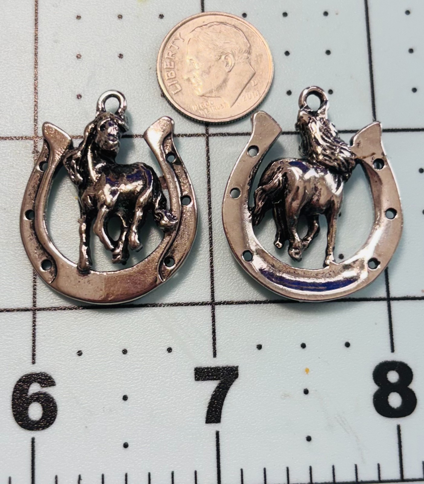 Lot Of 2 Horse in Horseshoe Pewter Charms Custom Made Lead Free Nickel Free USA