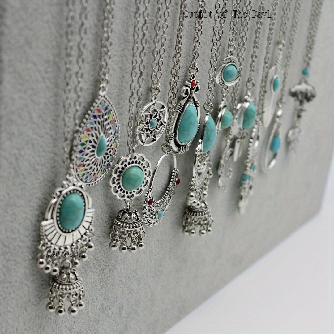15Pcs Retro Turquoise Drop Necklaces, Bohemian Leaf & Flower Pattern Necklaces