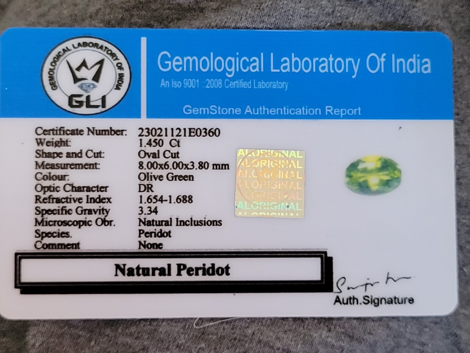 GLI Certified 1.45Ct Natural Peridot Olive Green Pakistan Unheated Oval Gemstone