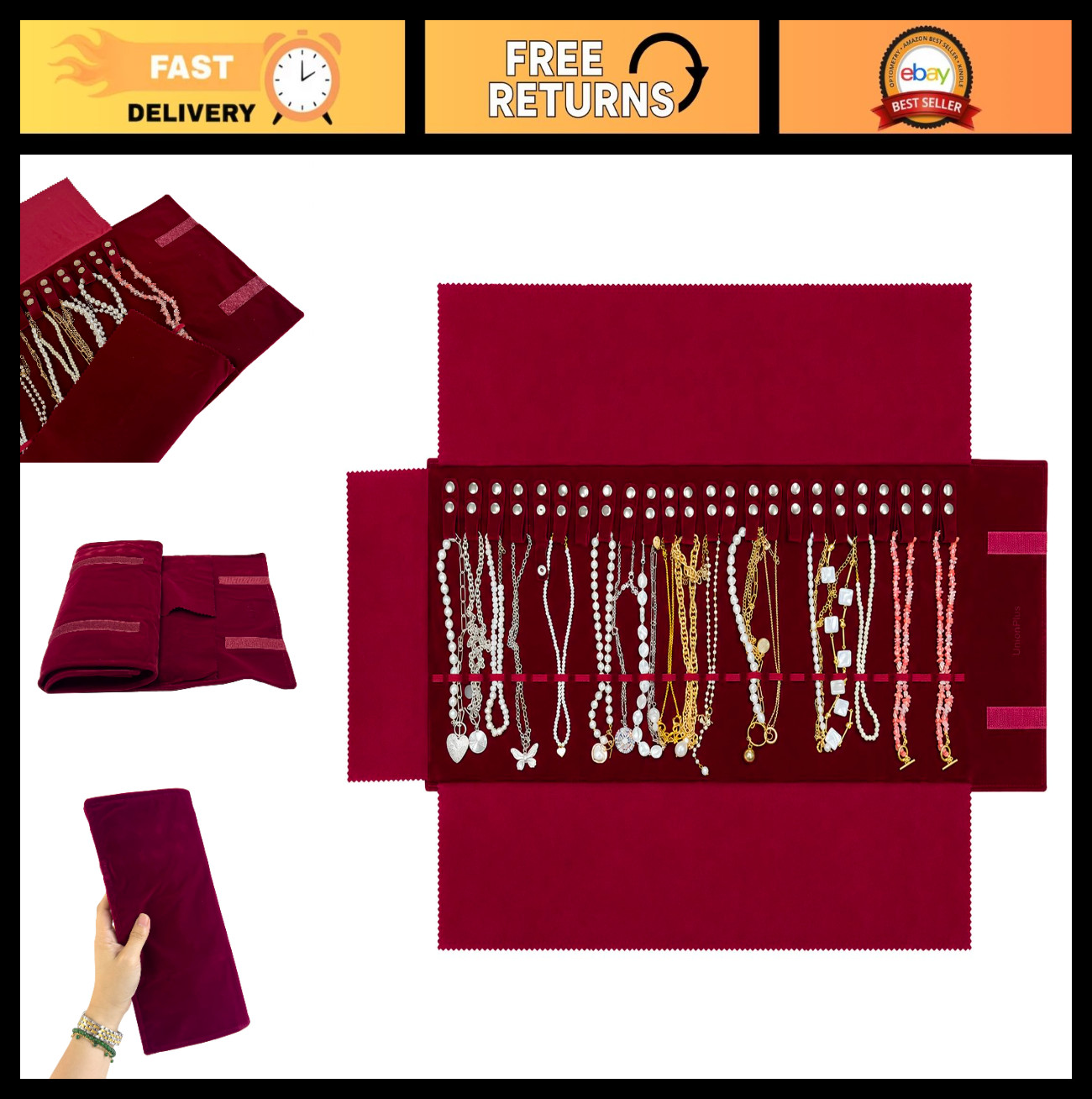 Large Velvet Travel Jewelry Roll Organizer Bag – Anti-Winding, Elastic Band, Bur