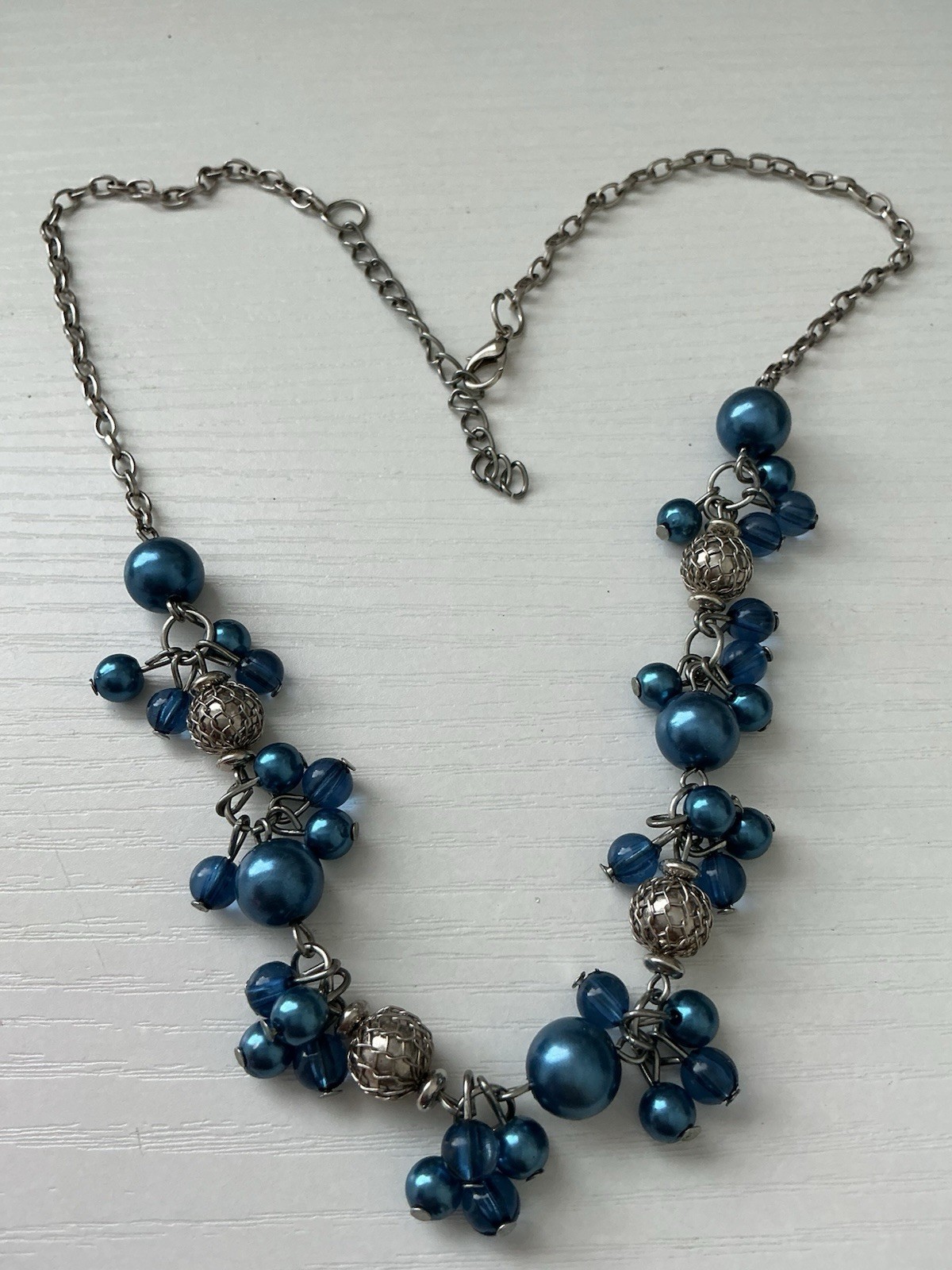 Unbr Added Silver Tone Chain With Variety Sizes Blue Gems Necklace 10” L Or 20”R