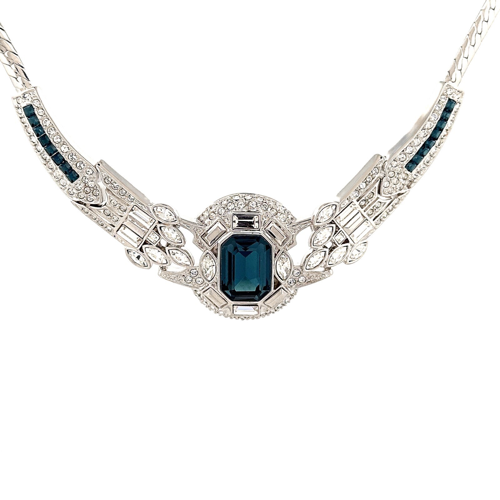 Art Deco Sapphire Blue And Clear Czech Crystal Choker Rhodium Plated Metal Alloy