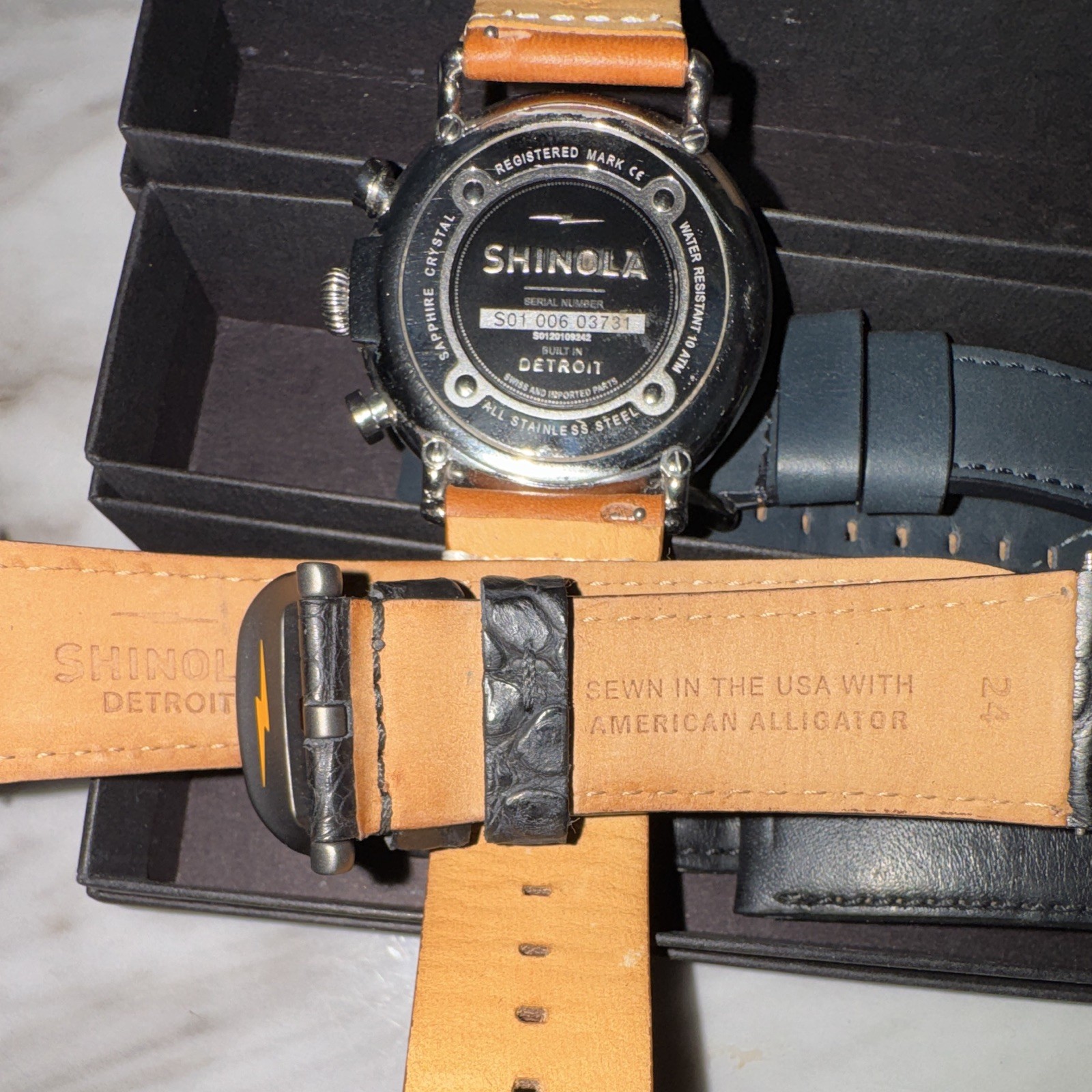 Shinola Runwell Chronograph 47mm Black Dial Quartz SS Watch w/Box Straps