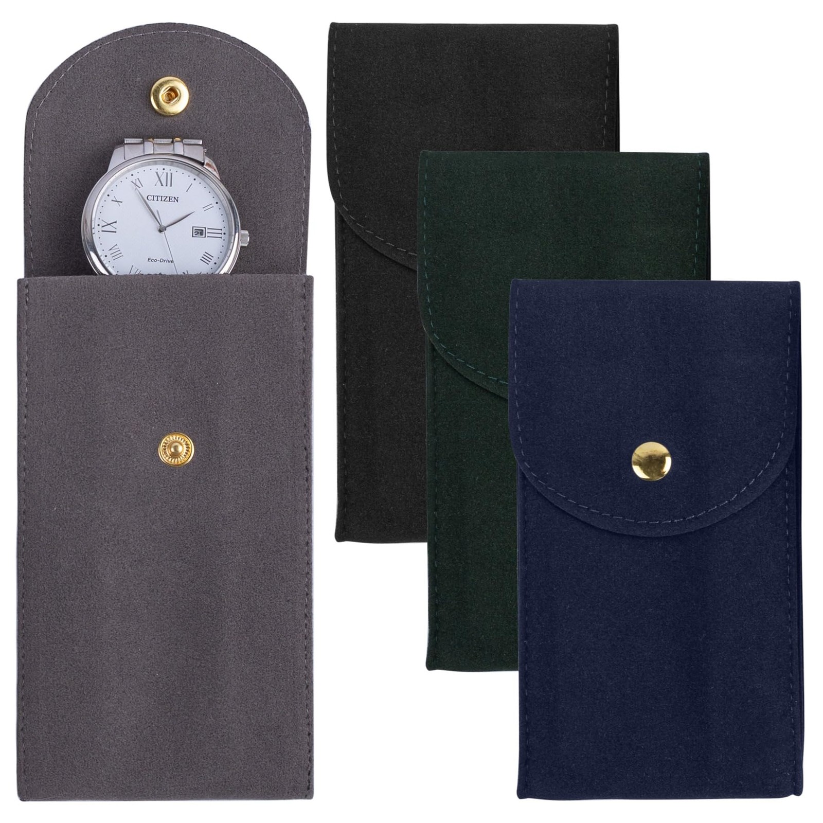 Framendino, 4 Pack Velvet Watch Pouch with Snap Button 4 Pack, Multicolor