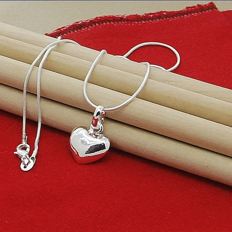 Fine 925 Sterling Silver Solid Heart Necklace 18-24 Inches Snake Chain For Women