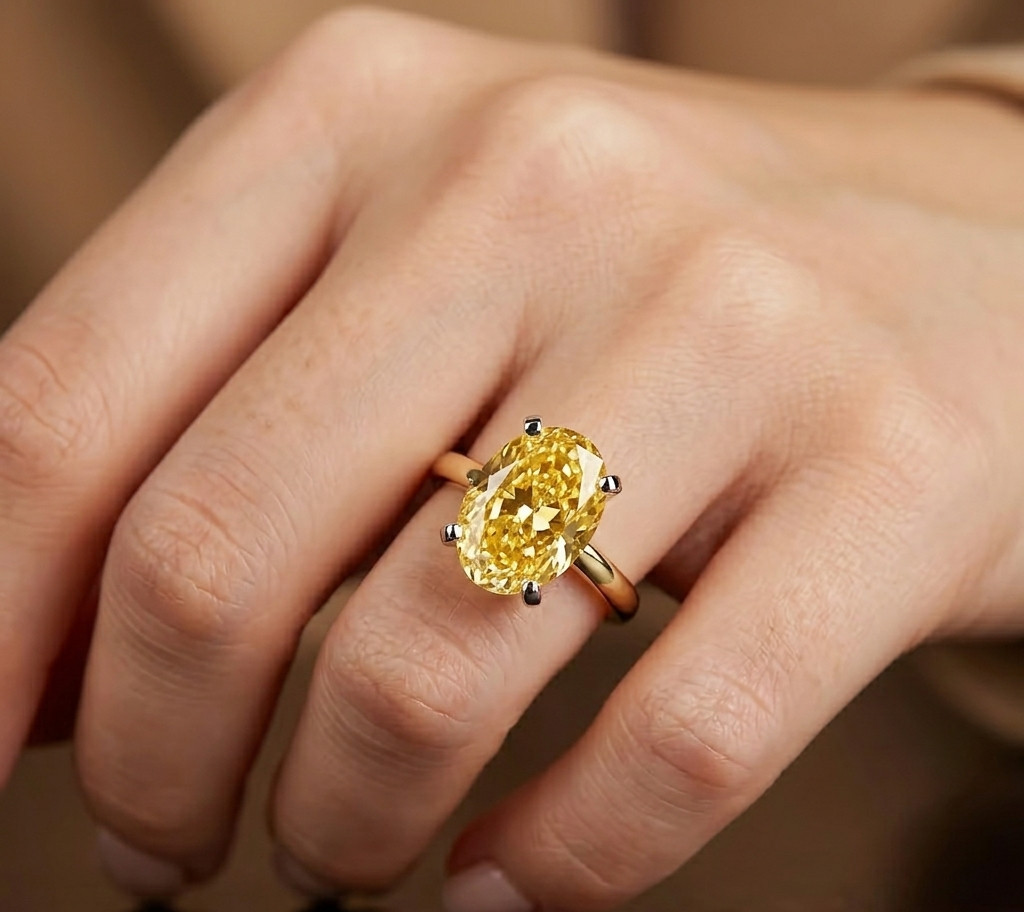8.00 Ct Certified Oval Shape Natural Yellow Diamond Ring VVS1 Yellow Gold Finish