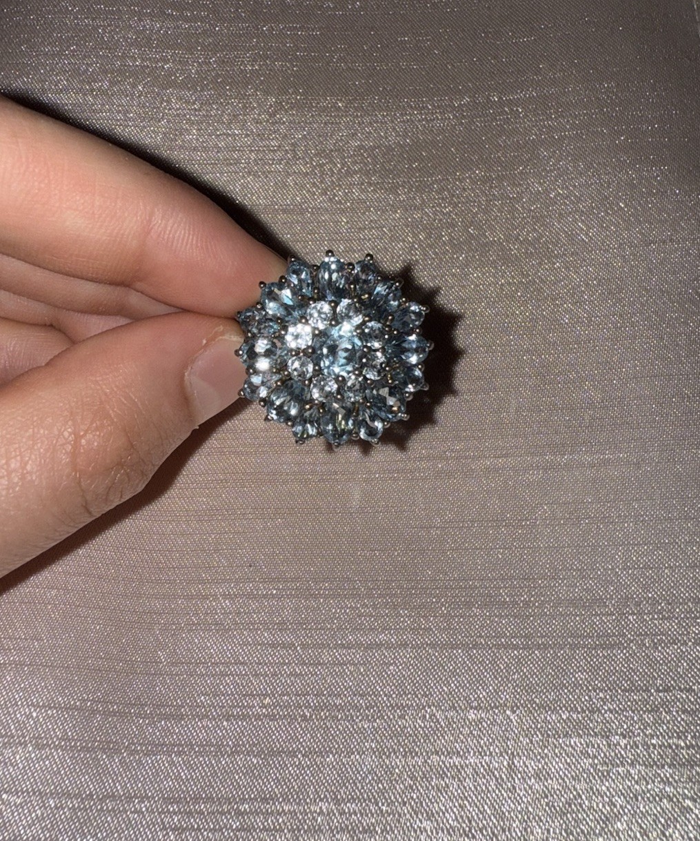 Blue Topaz Flower Cluster Halo Cocktail Ring, Prong Set, Silver-Tone, Size 8