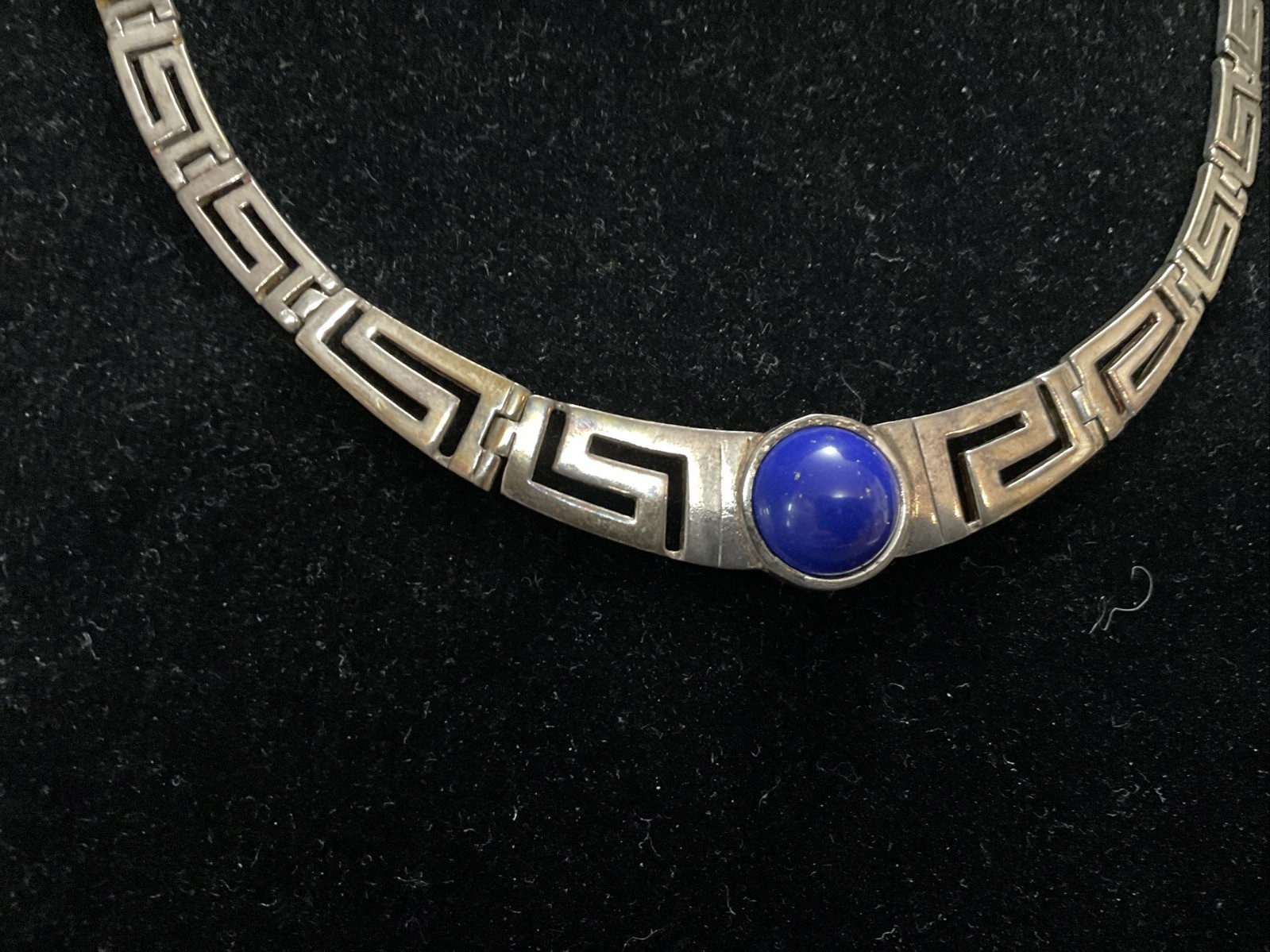 Sterling Silver and Blue Lapis Necklace Greek Key Design Choker ~ 45 Grams 20 In