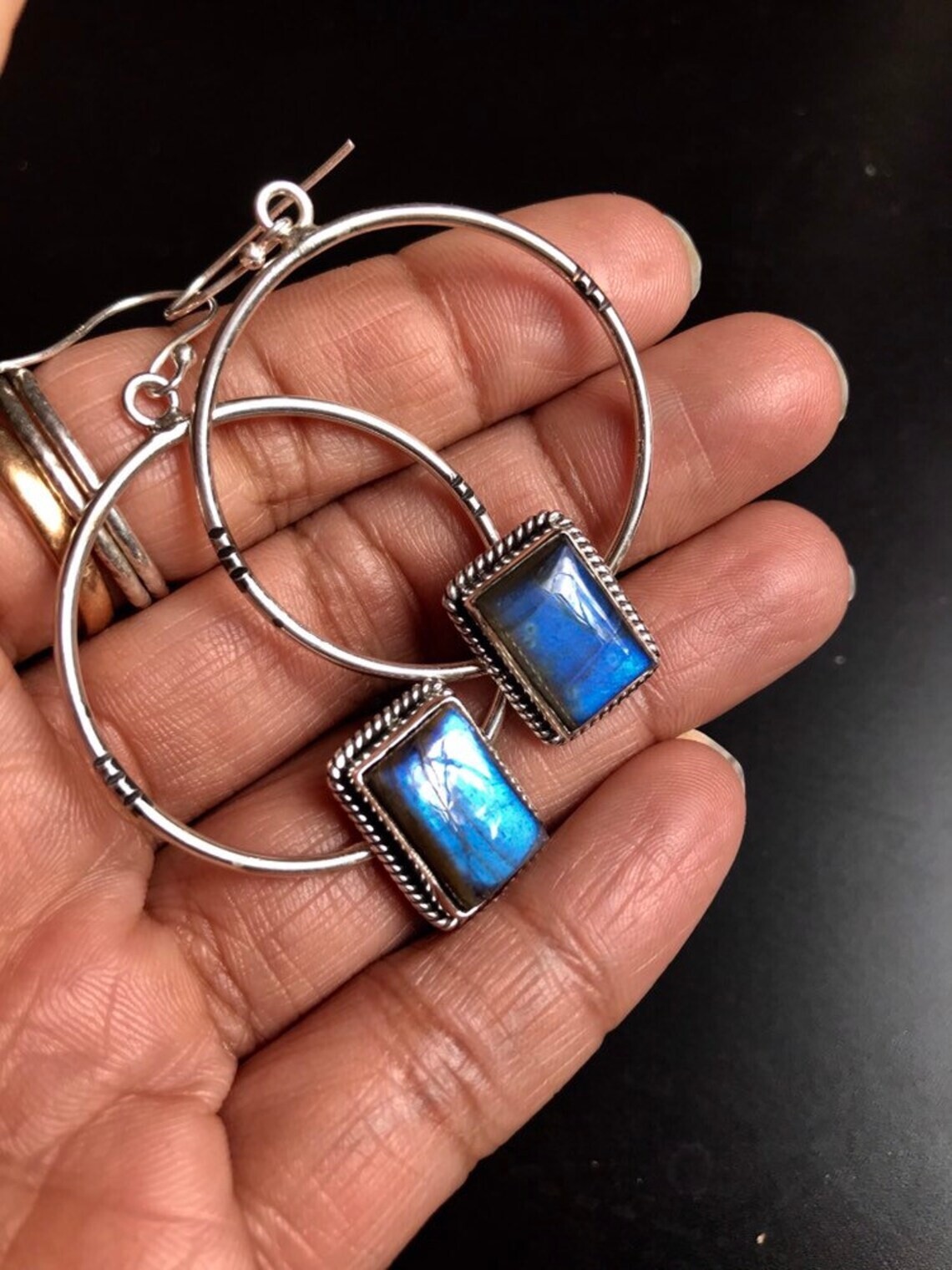 Fire Labradorite Earrings 925 Sterling Silver Hoop Earrings Bridesmaids Earrings