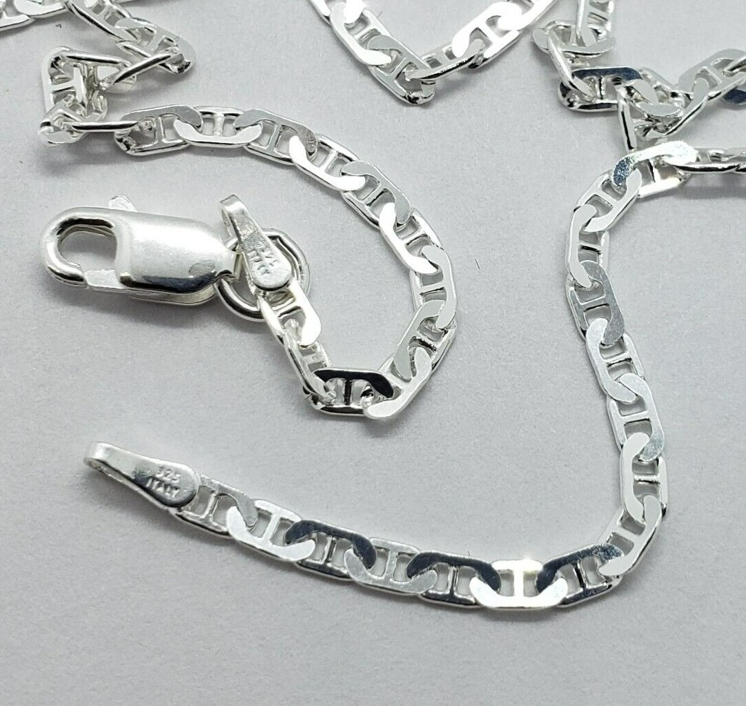 925 Sterling Solid Silver Italy Flat Mariner Link Chain Necklace Bracelet 3.7mm