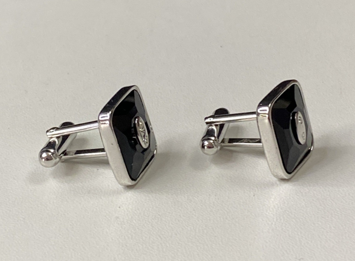 Swarovski Cufflinks Swan Signed Black and Silver Tone Square Crystal 1.5cm