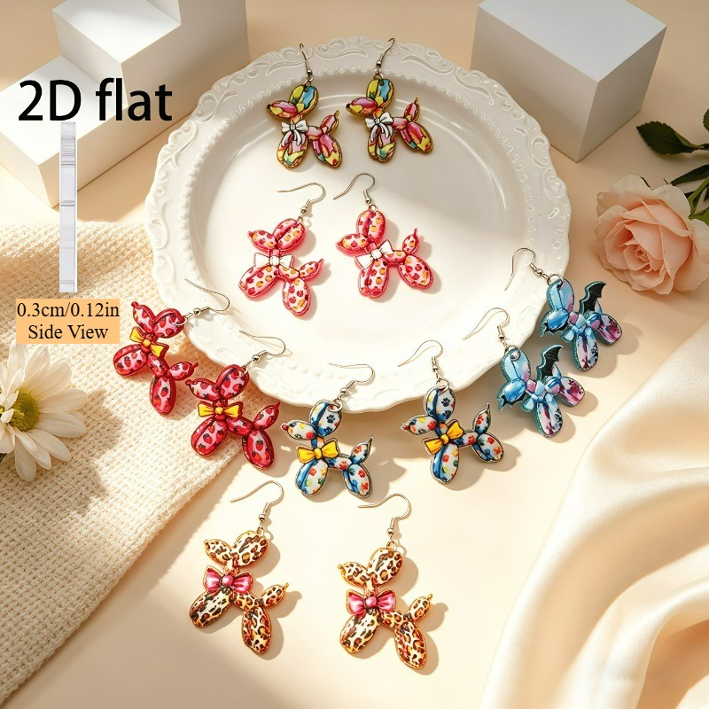 6 Pairs of Acrylic Colorful Printed Balloon Dog-shaped Bow Pendant Earrings