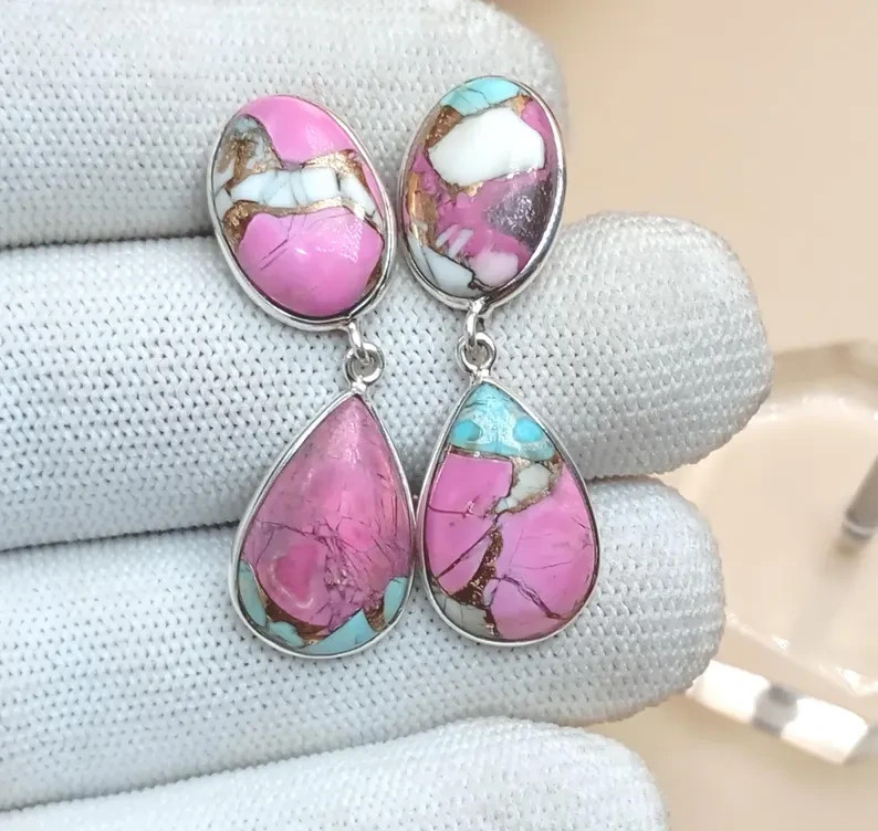 Sterling Silver Pink Oyster Turquoise Stud Earrings – Round Cut Valentine’s Day