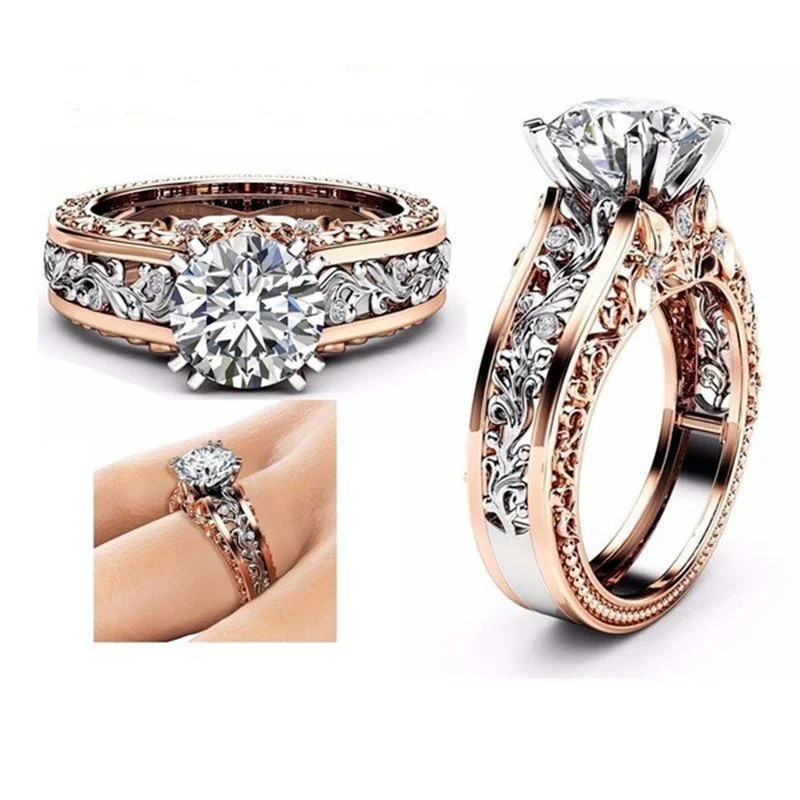 Rose Gold Tone Ring Zircon Stones Hollow Carved Band Engagement Women Jewelry