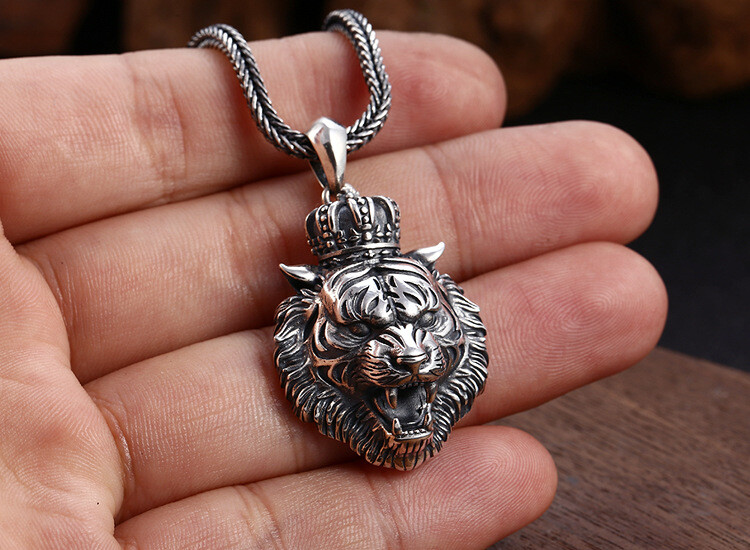 1PC S925 Silver CROWNED TIGER KING Pendant Roaring Gothic Biker Mens 15g STAMPED