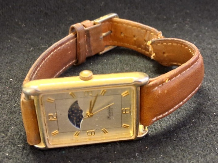 VINTAGE PRECISION QUARTZ BY GRUEN WRISTWATCH MOON PHASE RECTANGULAR TANK WATCH