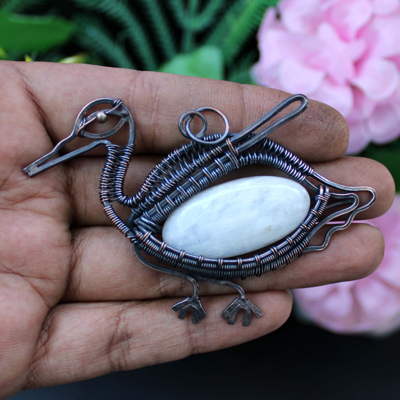 Rainbow Moonstone Jewelry Gift For Sister Copper Wire Wrapped Bird Pendant