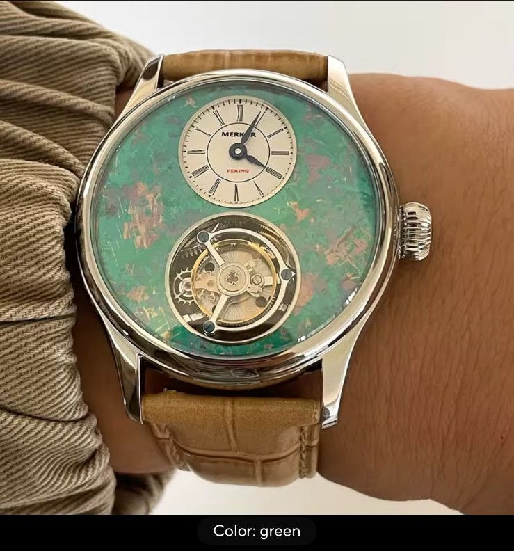 MERKUR Men Tourbillon Watch Manual Winding Mechanical Wristwatch Mineral Dial