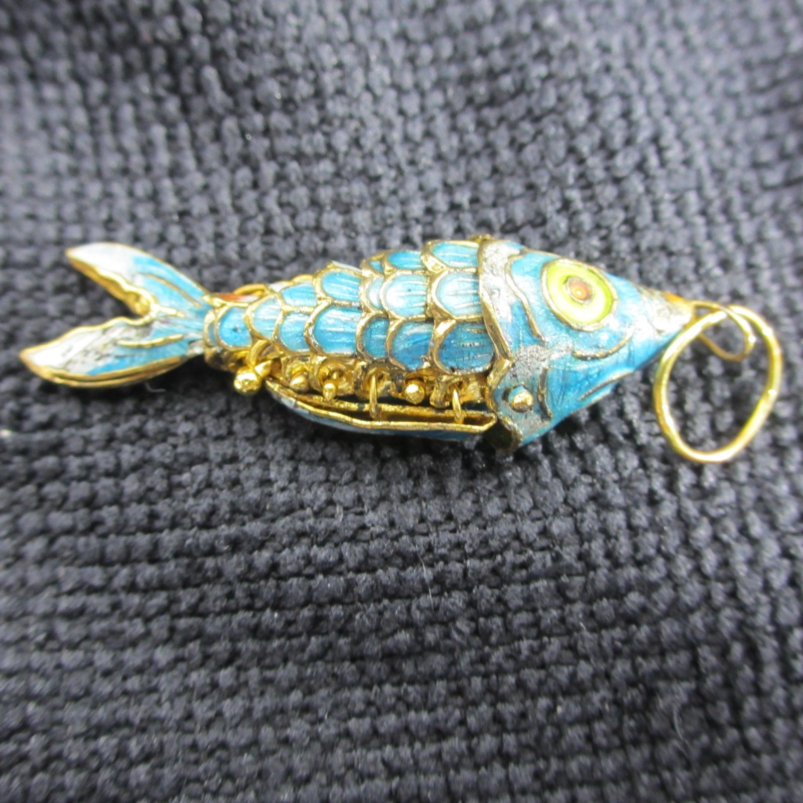 Vintage Cloisonne Enamel Koi Fish Pendant Blue Articulating Gold Tone