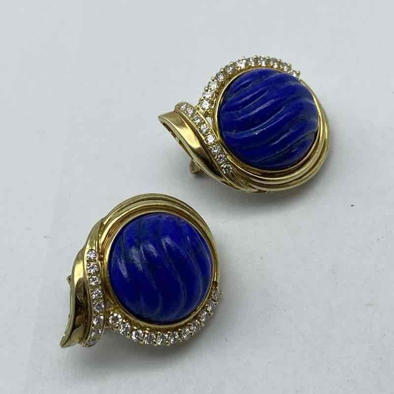 14K Yellow Gold Ribbed Blue Carved Stone & White Melee Sapphire Earrings 15.7g
