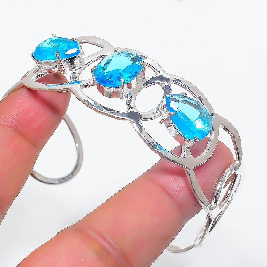 Swiss Blue Topaz Gemstone Handmade 925 Sterling Silver Jewelry Bangle Size 7-8″