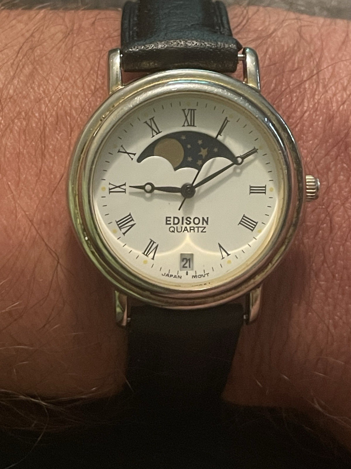 Vintage Edison Quartz Moon Phase Date Dress Watch Roman Dial Japan Movement Runs