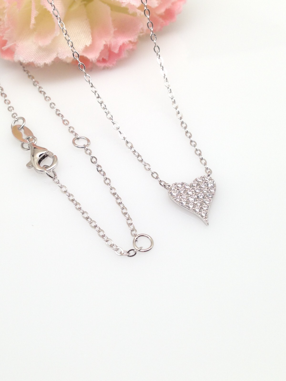 Cz Pave Heart Necklace 925 Sterling Silver Tiny Heart Pendant 9mm(0.35″) 17.75″
