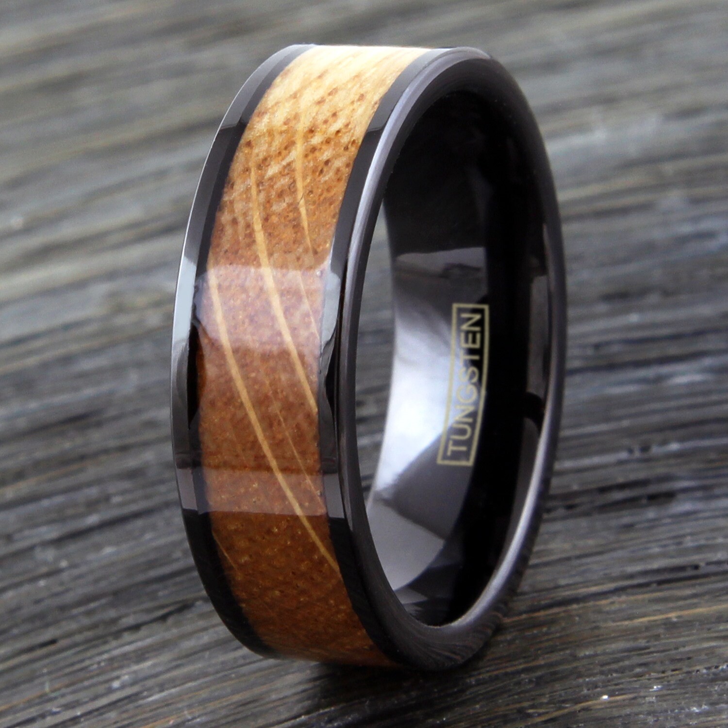 8mm Black Tungsten Carbide Men’s Whiskey Barrel Wood Wedding Band Ring Jewelry
