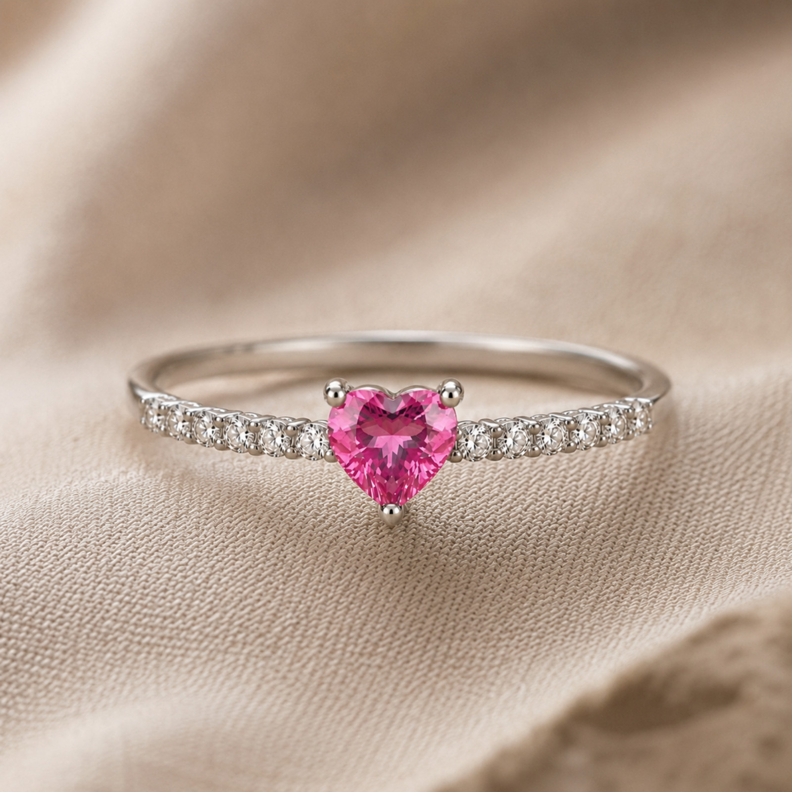 925 Sterling Silver Pink Heart Ring White Zircon Prong Set Promise Gift Ring