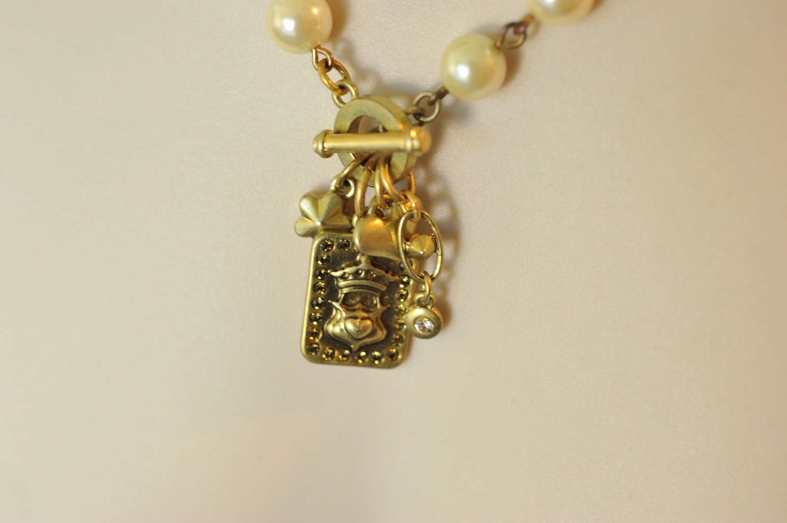 CAbi Necklace Gold Tone Rhinestone Faux Pearl charms dangle statement A