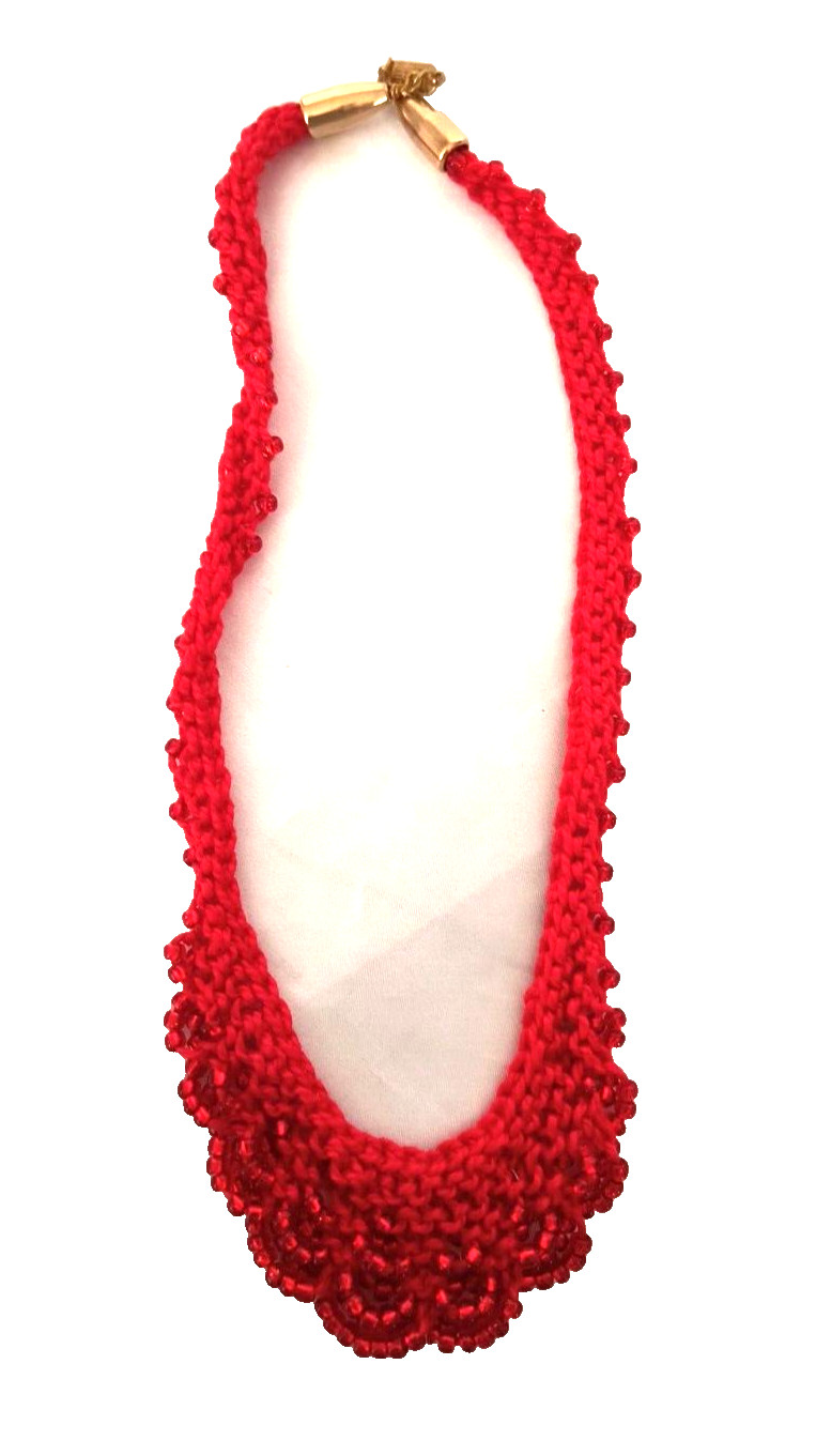 Boho Women’s Choker Style Necklace Red Crocheted Seed Beads Barrel Clasp