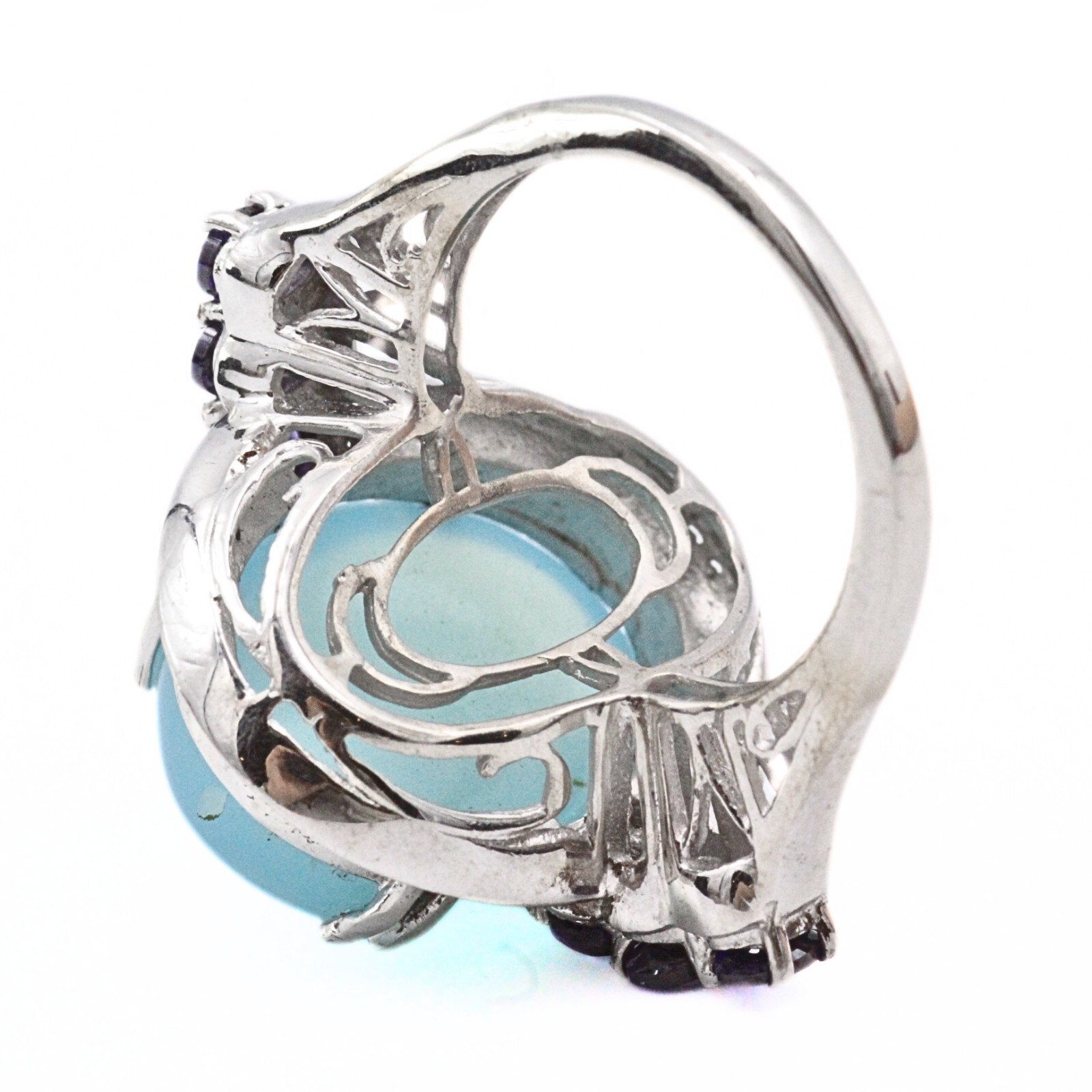 Karis STS Signed Rhodium Plate Light Blue Glass Cab Purple CZ Cocktail Ring Sz 9