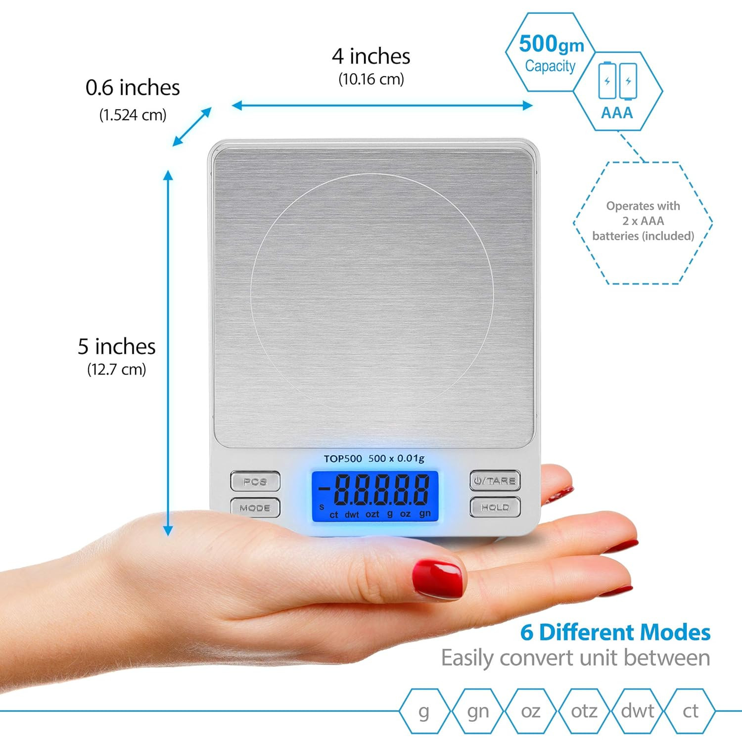 Smart Weigh Digital Pro Pocket Scale 500G X 0.01G – 6 Units: G, Oz, Gn, Ozt, DWT