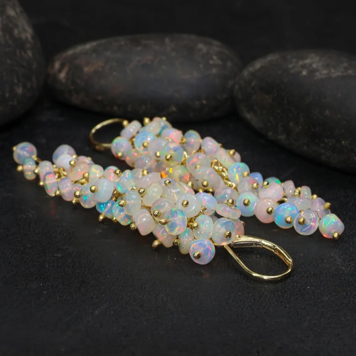 White Ethiopian opal gemstones 18k gold handmade earrings jewelry to Gift her b5
