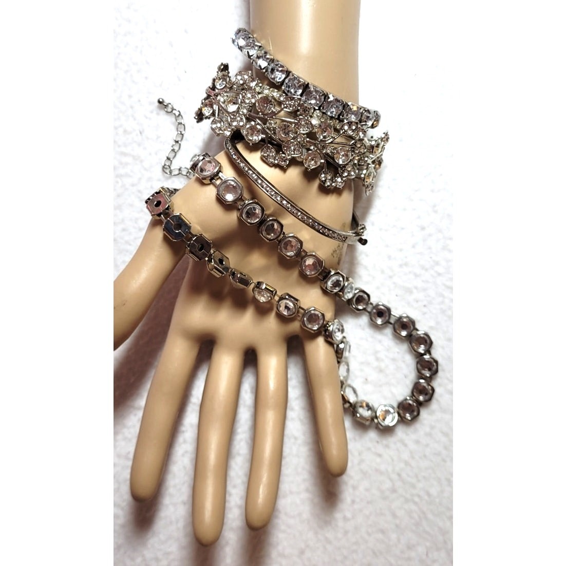 Clear Crystal Rhinestone Tennis Station Necklace Stretch Bracelet Lot Silvertone