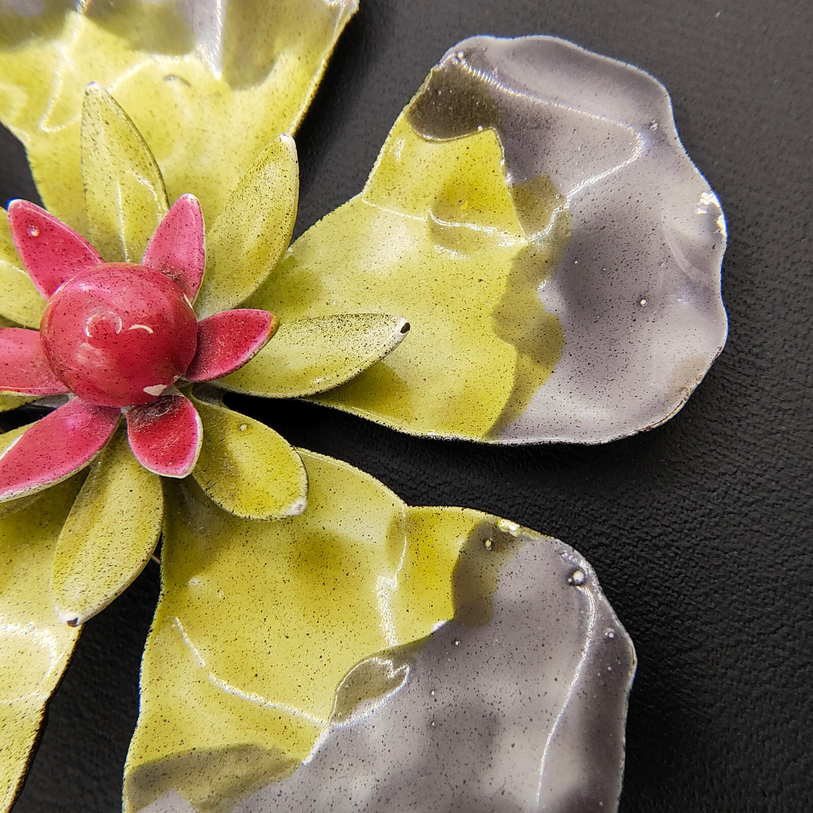 Vintage Hibiscus Flower Brooch Pin Enamel Black Gray Yellow Red 1960s-1970s MCM