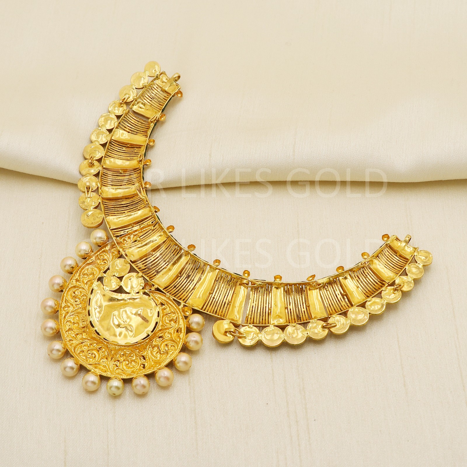 22K Gold Antique Kundan Ruby Glass Paisley Medallion Choker Necklace Set 70.4g